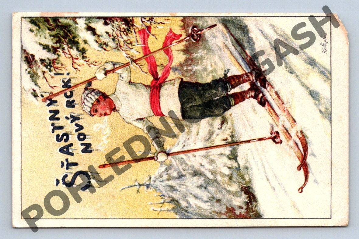 Happy New Year postcard - skier Czechoslovakia (M1174)