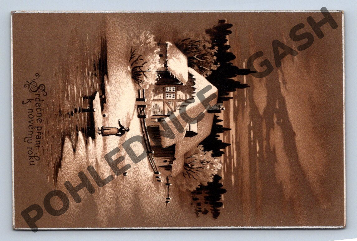 Postcard New Year 1914 – winter village (M1176)