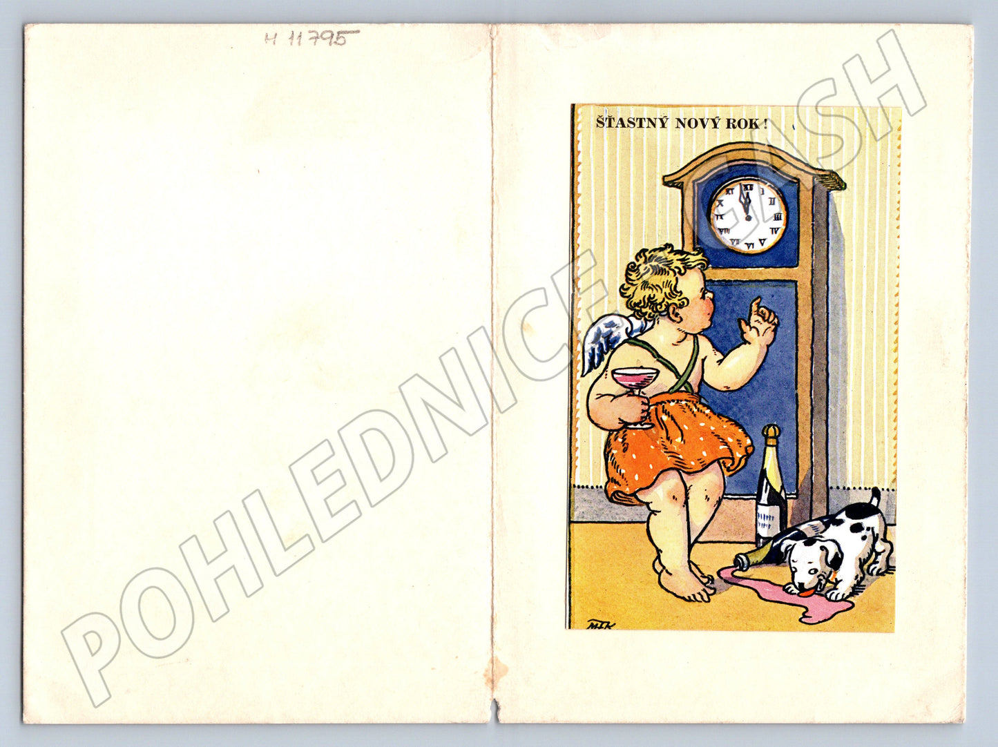 Pohlednice Andílek – Novoroční přání, humorná ilustrace (M11795)