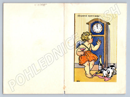 Pohlednice Andílek – Novoroční přání, humorná ilustrace (M11795)