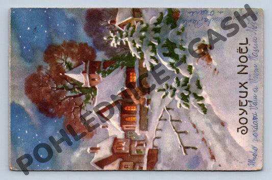 Pohlednice Joyeux Noël – zimní vesnice Francie (M1192)