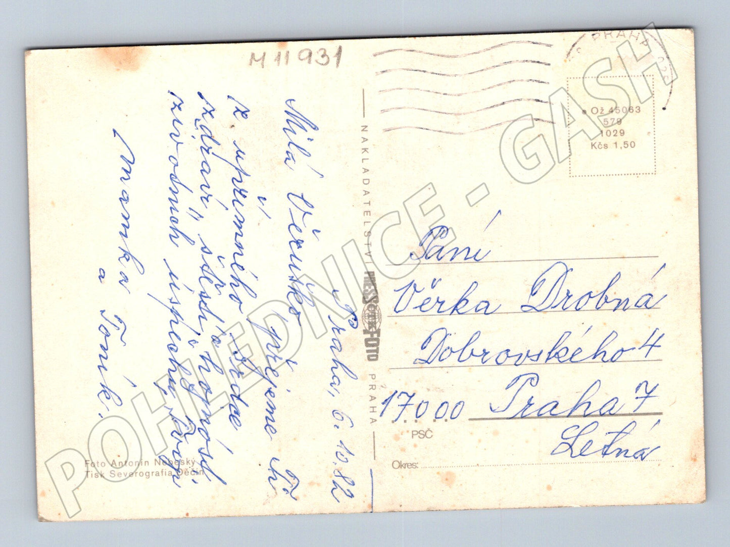 Pohlednice růže – prošlá poštou, 1982 (M11931)
