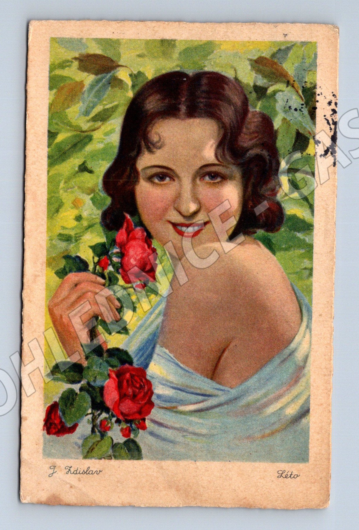 Pohlednice Dívka s růžemi, J. Zicháček (M12275)