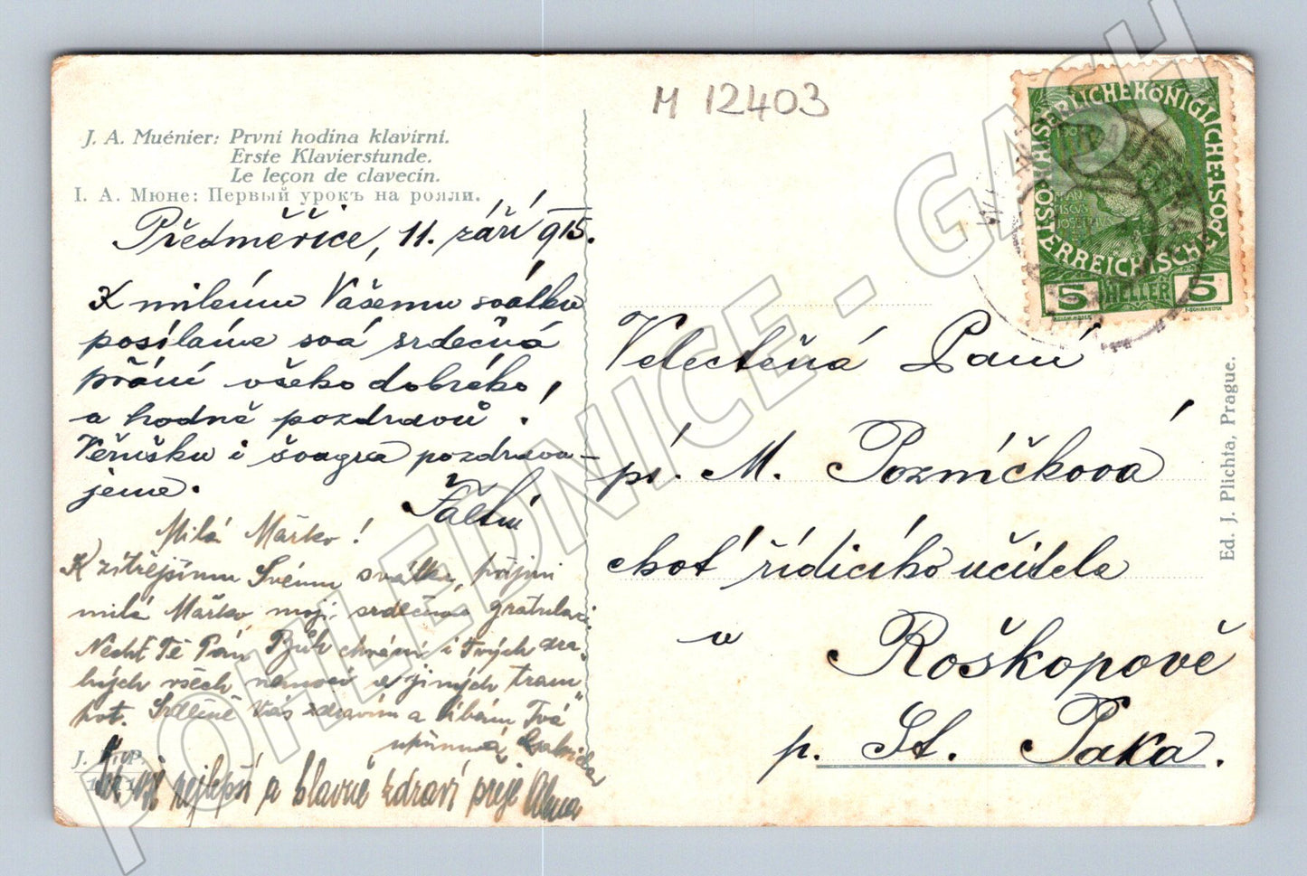 Pohlednice První hodina klavírní J. A. Muénier (M12403)