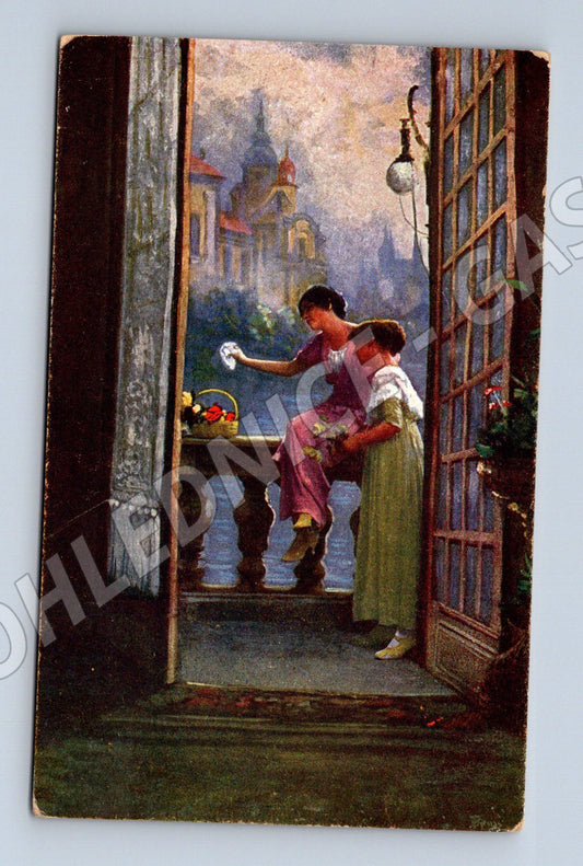Pohlednice romantická scéna u okna (M12406)
