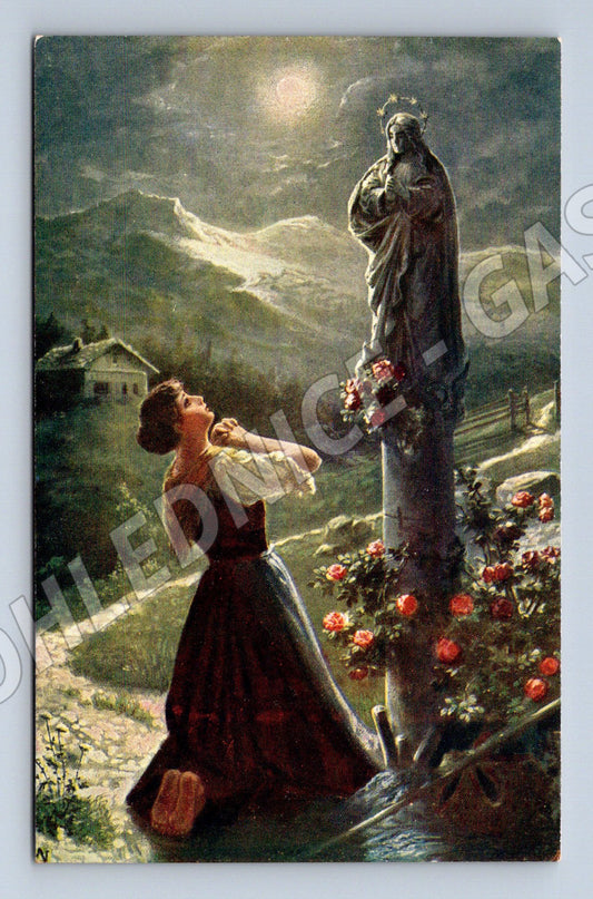 Pohlednice modlitba u sochy Panny Marie (M12429)