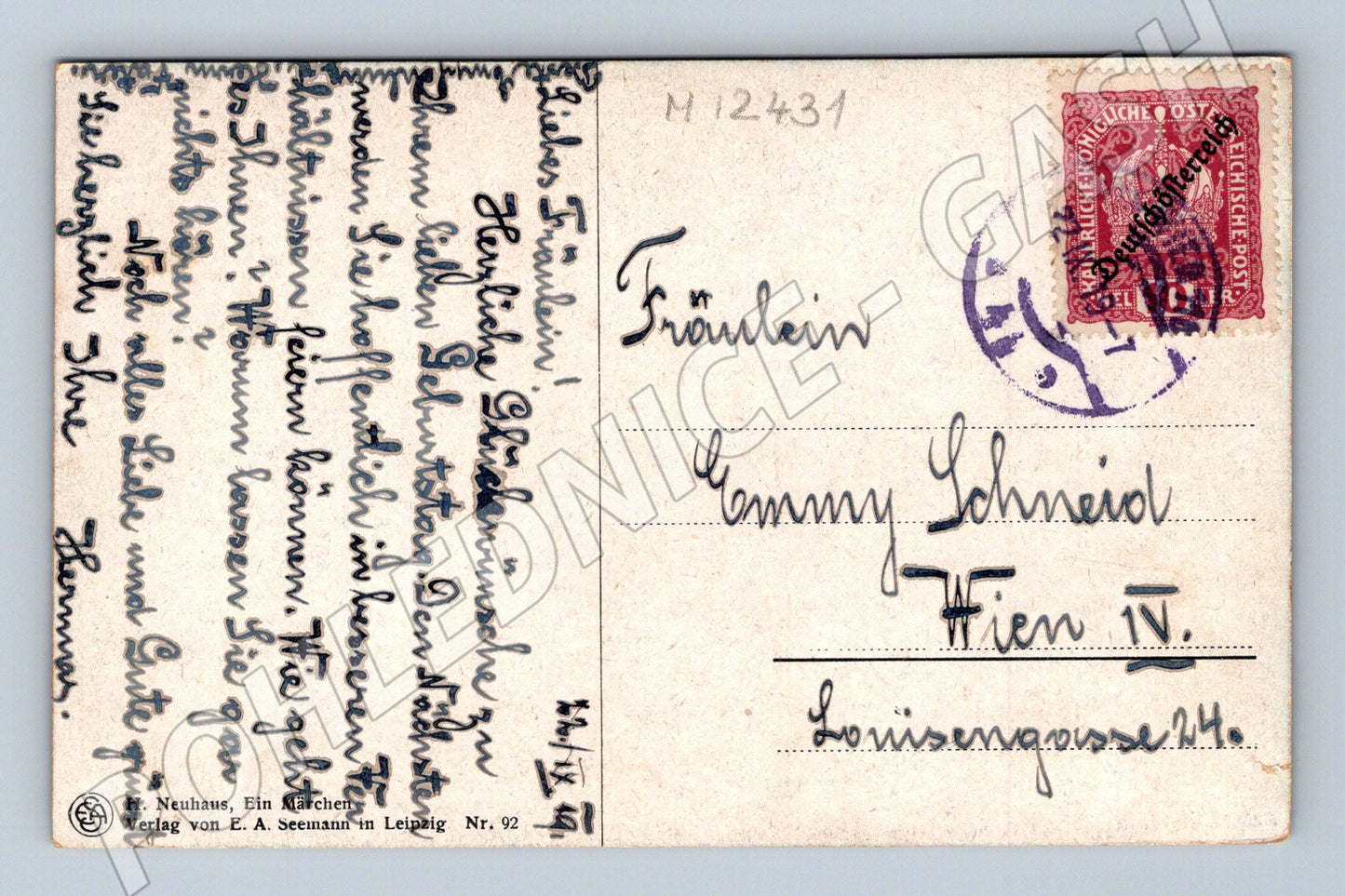 Pohlednice H. Neuhaus Ein Mädchen, srnka v lese (M12431)