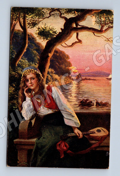 Pohlednice Romantická dívka s mandolínou (M12432)