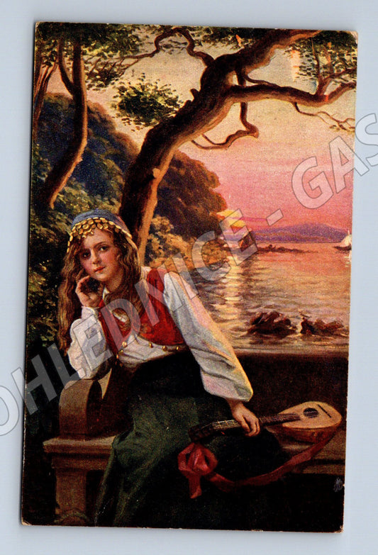 Pohlednice Romantická dívka s mandolínou (M12432)