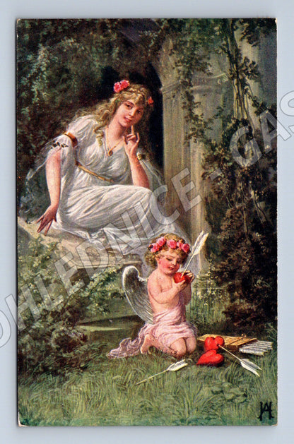 Pohlednice Amor a dívka, malovaný motiv (M12437)