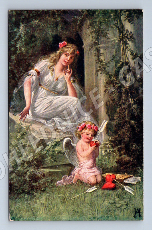 Pohlednice Amor a dívka, malovaný motiv (M12437)