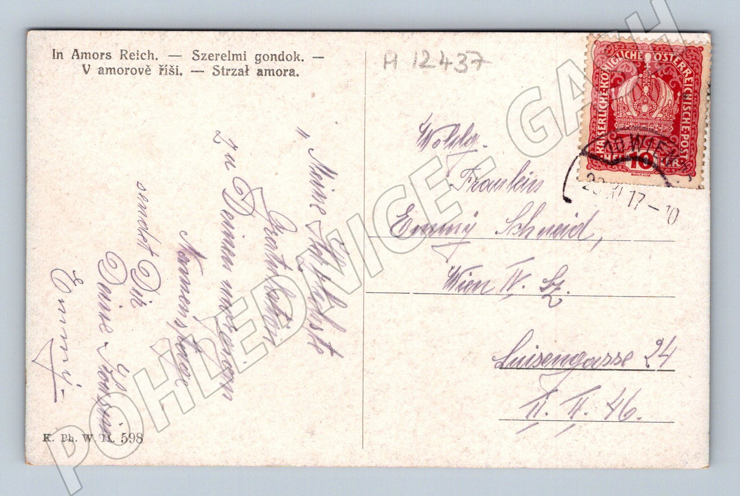 Pohlednice Amor a dívka, malovaný motiv (M12437)