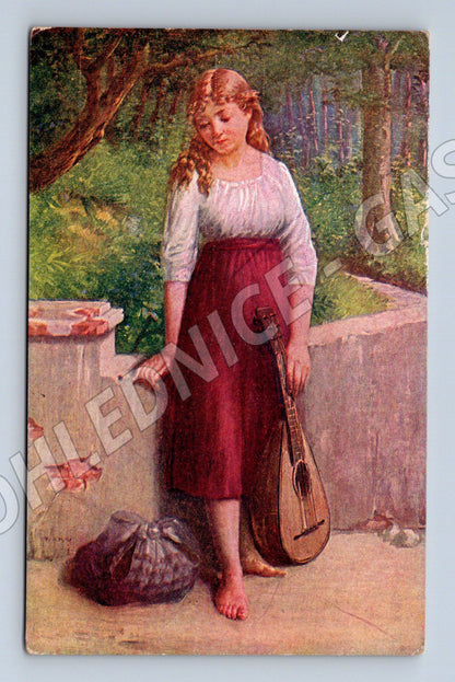Pohlednice Dívka s mandolínou v kroji (M12442)