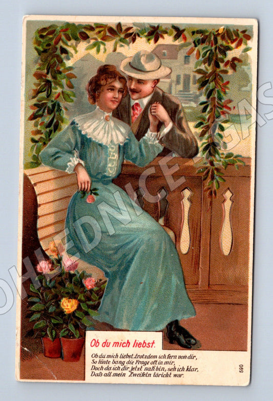 Pohlednice Pár na lavičce, embosovaná, kolorizace (M12500)