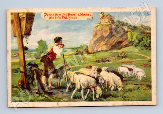 Pohlednice Pastýř se stádem ovcí a kaplí (M12501)