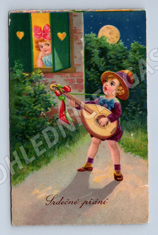 Pohlednice Chlapec s loutnou pod oknem (M12504)