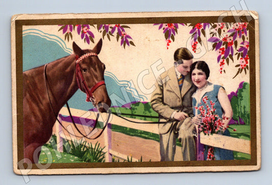 Pohlednice Starobylá – romantický pár s koněm (M12509)
