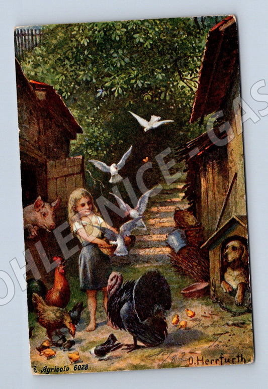 Pohlednice Venkovský dvůr, děvčátko a zvířata (M12523)