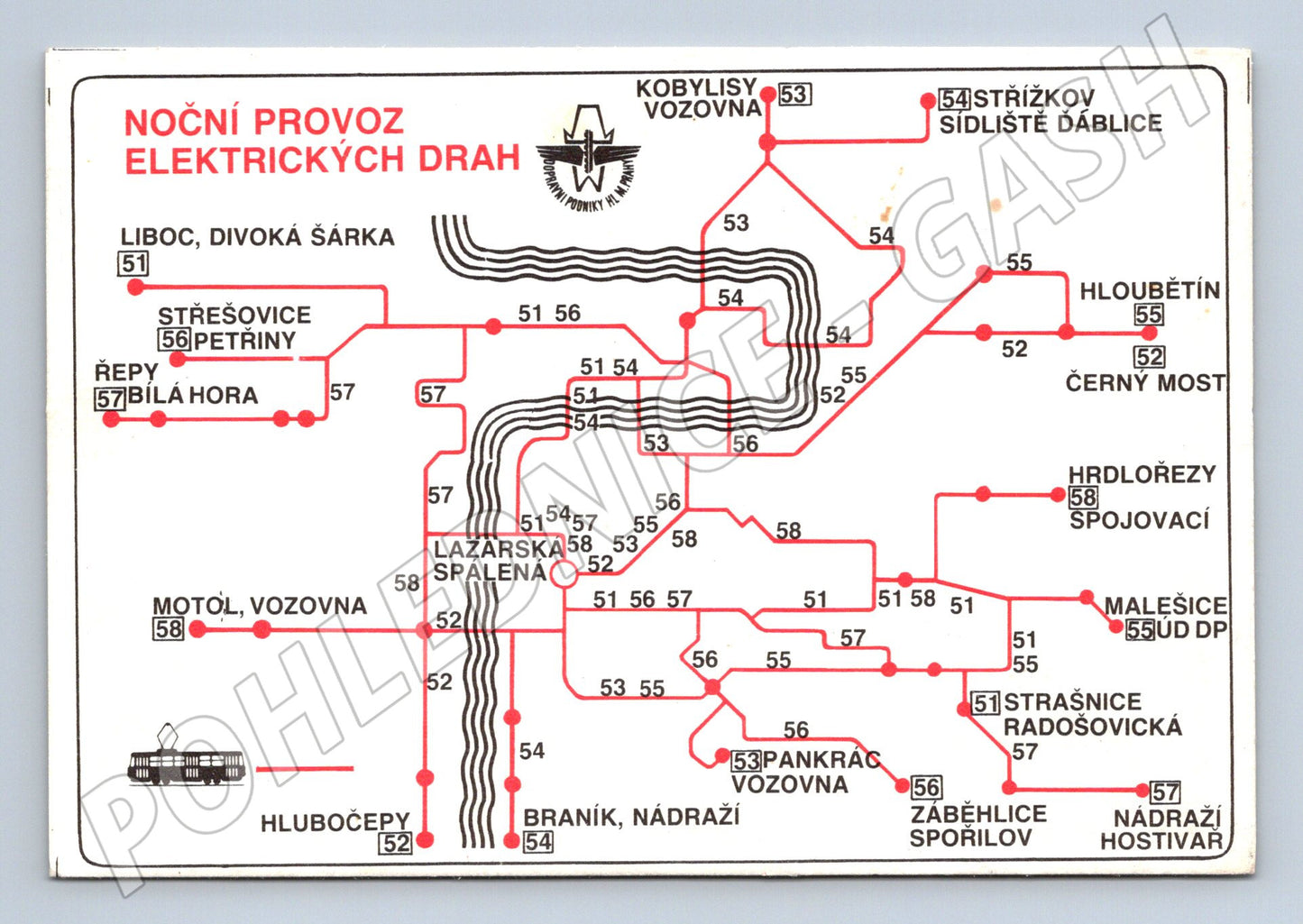 Pohlednice plán noční tramvajové dopravy Praha (M12548)
