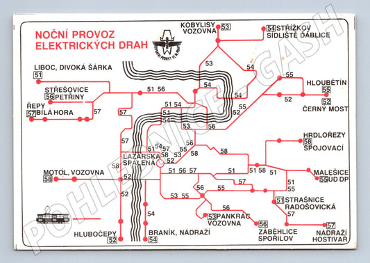 Pohlednice plán noční tramvajové dopravy Praha (M12548)