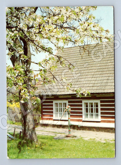 Pohlednice roubená chalupa jaro 1985 (M12577)