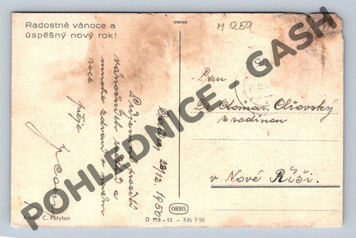 Pohlednice zimní venkov český kroj 1950 etnografie (M1259)