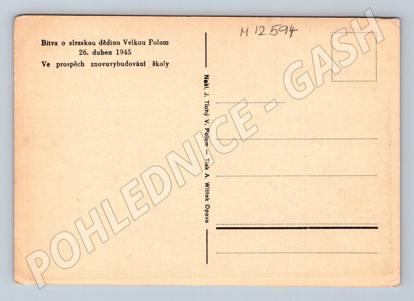 Pohlednice Velká Polom 1945 zničená škola (M12594)