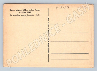 Pohlednice Velká Polom 1945 zničená škola (M12594)