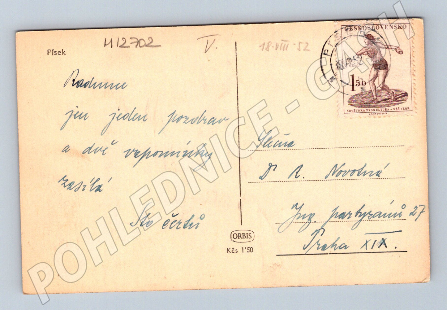 Pohlednice Písek Otava panorama 1952 (M12702)