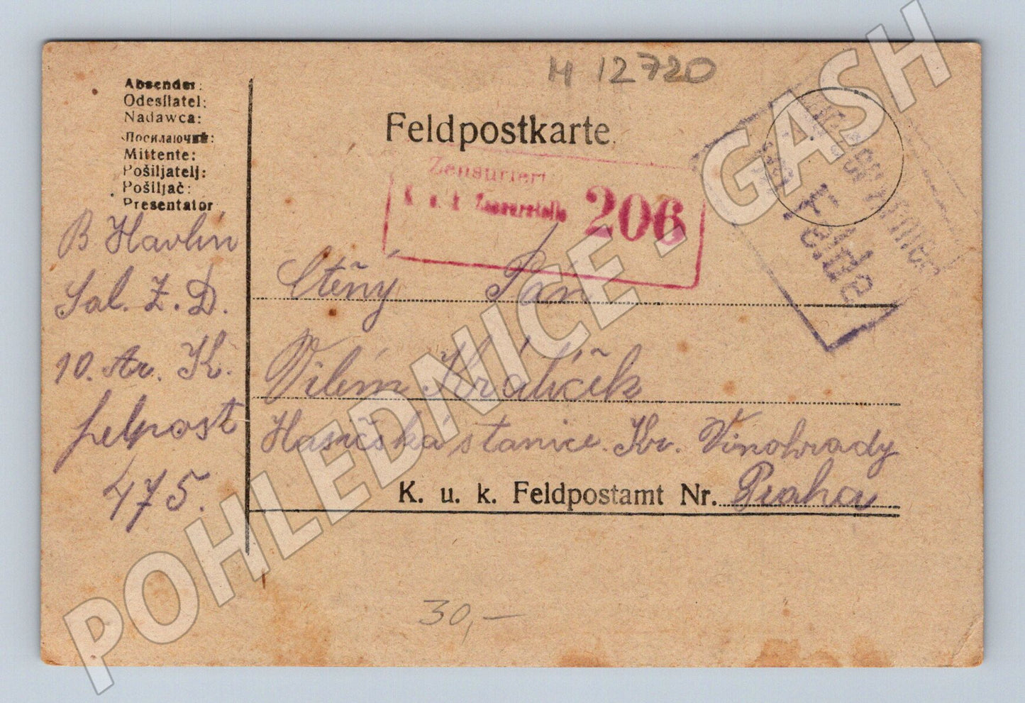 Pohlednice Feldpost Praha Vinohrady 1918 (M12720)