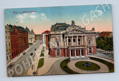 Pohlednice Brno městské divadlo kolorovaná 1925 prošlá (M12779)