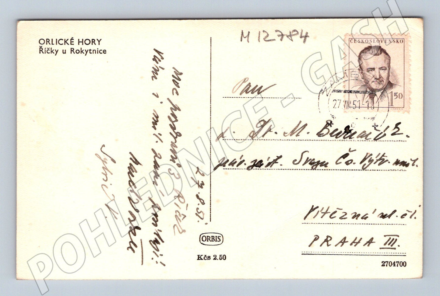 Pohlednice Orlické hory Říčky u Rokytnice 1951 malý formát (M12784)