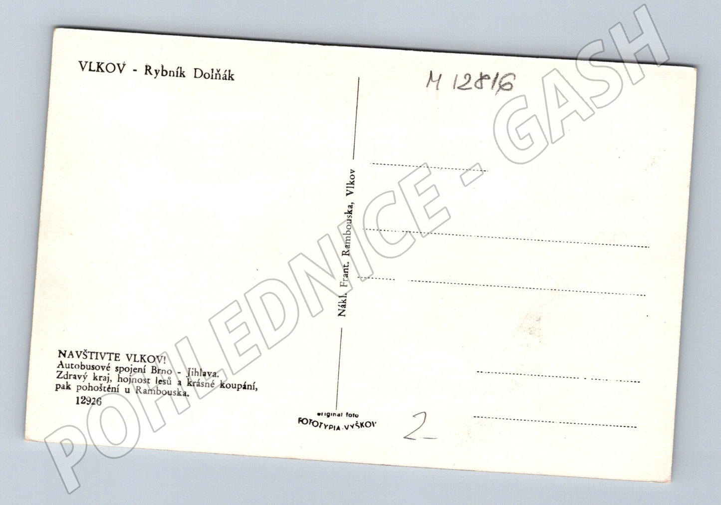 Pohlednice Vlkov rybník Dolňák Vysočina  1. pol. 20. stol. (M12816)