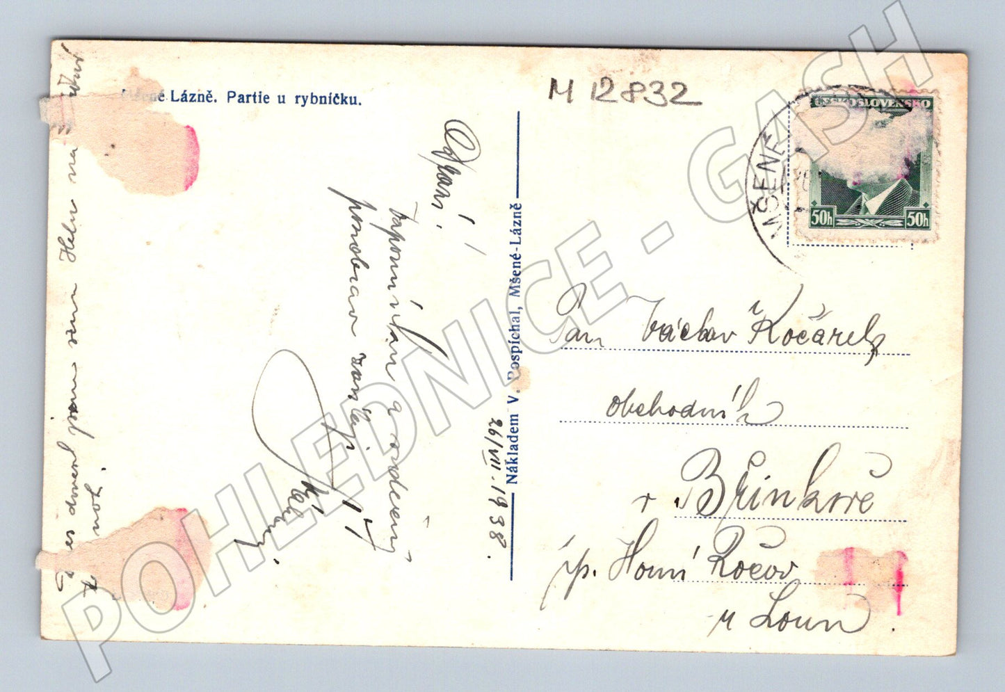 Pohlednice M12832 Mšene Lázně – Partie u rybníčku (1938)