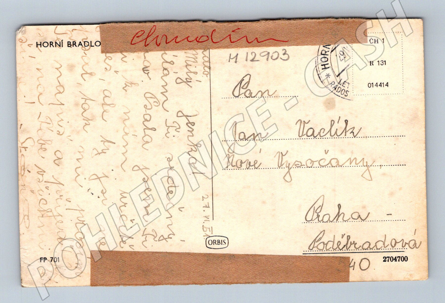 Pohlednice Horní Bradlo kostel 1950 okres Chrudim (M12903)