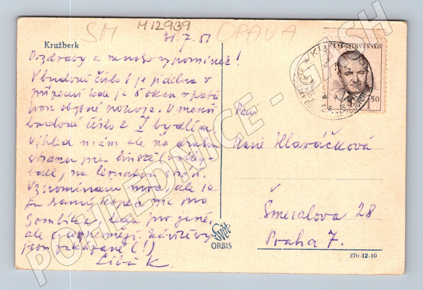 Pohlednice Kružberk stará razítko 1957 Orbis (M12939)