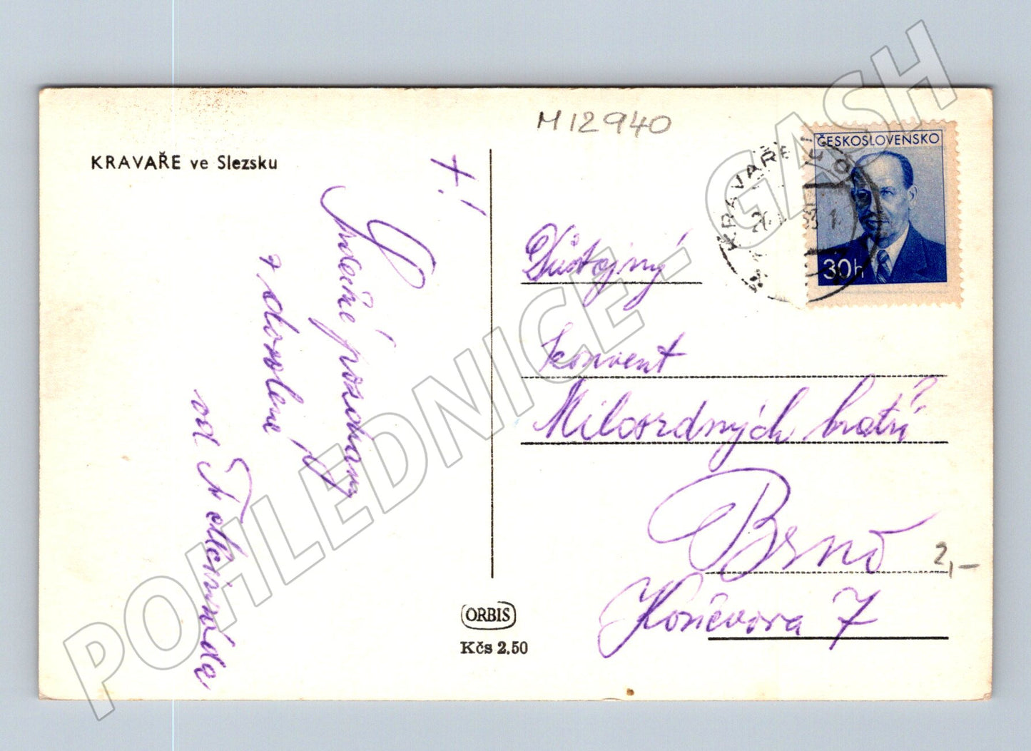 Pohlednice Kravaře ve Slezsku škola 1951 (M12940)