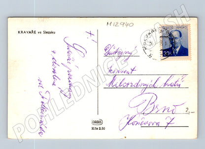 Pohlednice Kravaře ve Slezsku škola 1951 (M12940)
