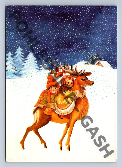 Pohlednice Nový rok děti na saních V. Klimtová 1992 (M1320)