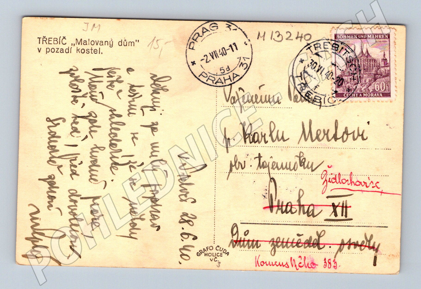Pohlednice Třebíč malovaný dům a kostel poštou prošlá 1941 (M13240)