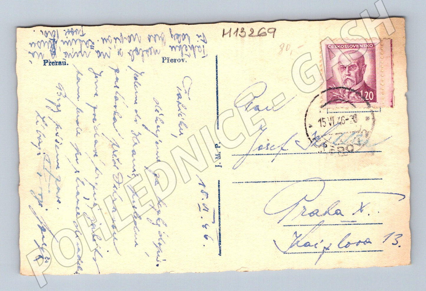Pohlednice Přerov stará poštou prošlá 1946 T. G. Masaryk (M13269)
