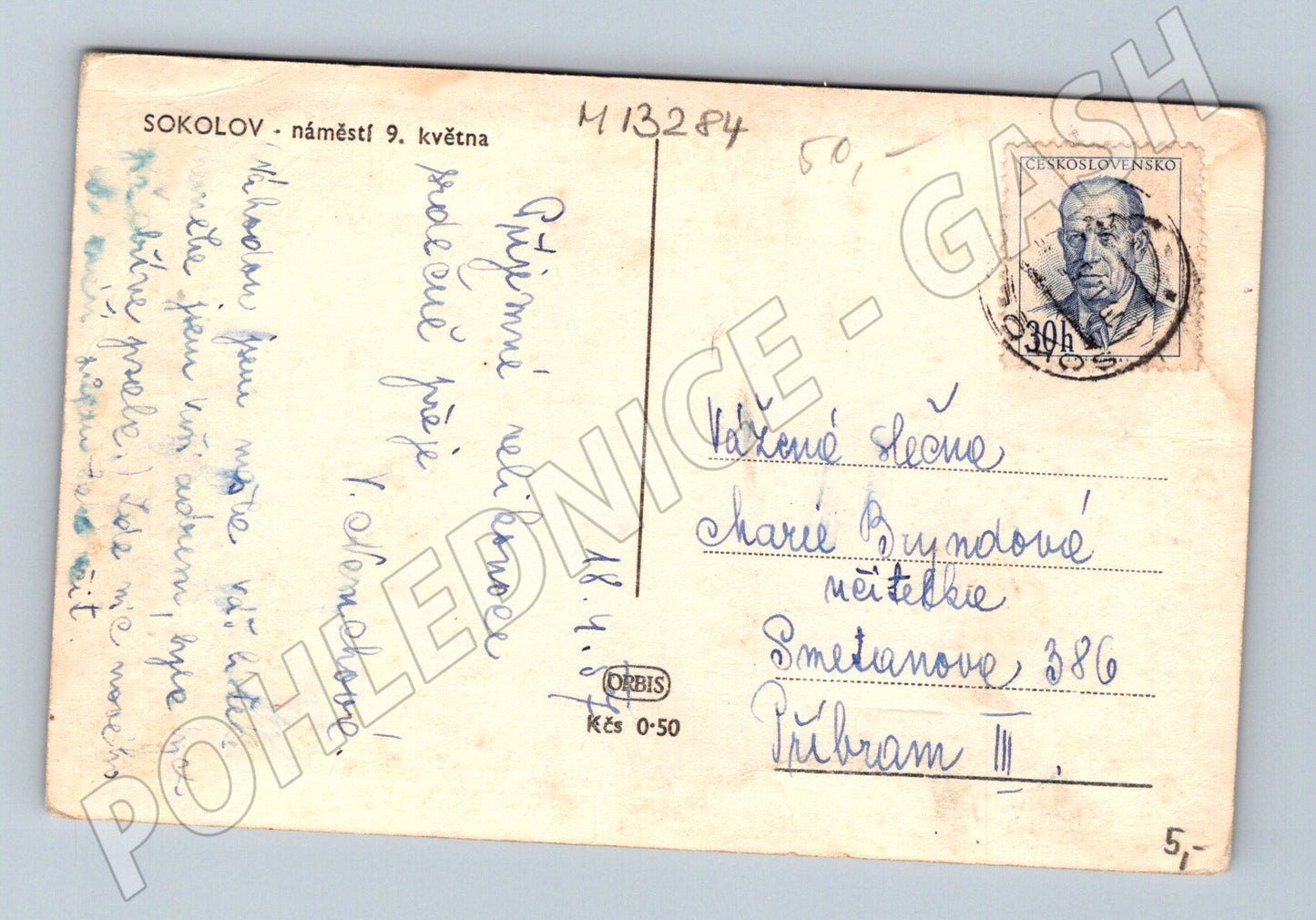 Pohlednice Sokolov náměstí 9. května ČSR razítko známka (M13284)