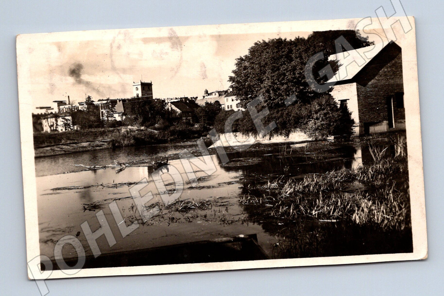 Pohlednice Sokolov 1937 řeka město razítko známka (M13285)