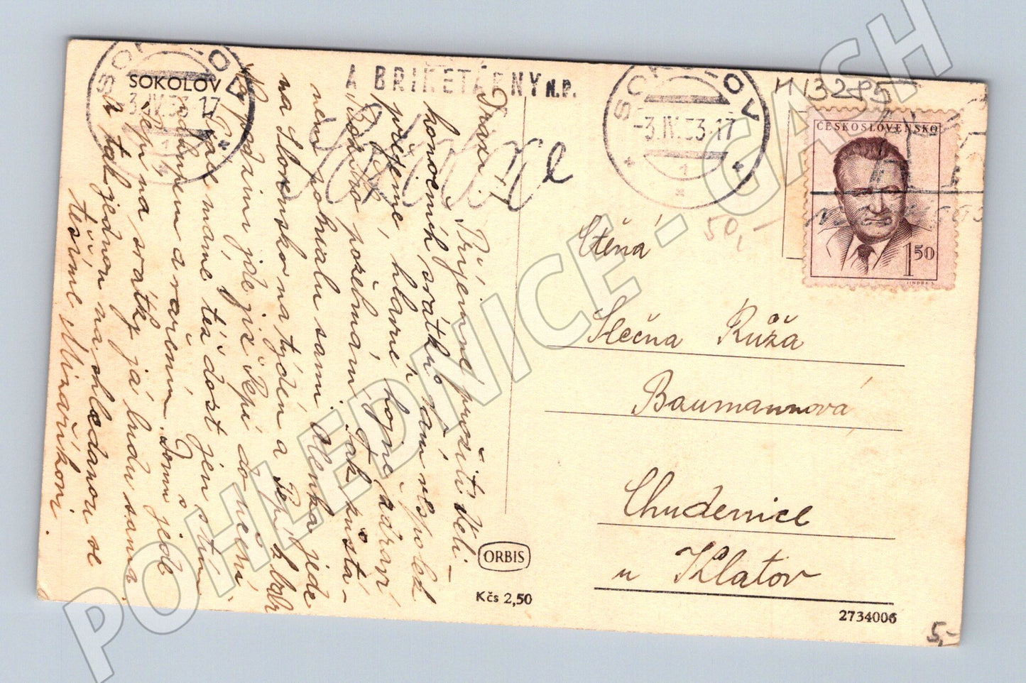 Pohlednice Sokolov 1937 řeka město razítko známka (M13285)