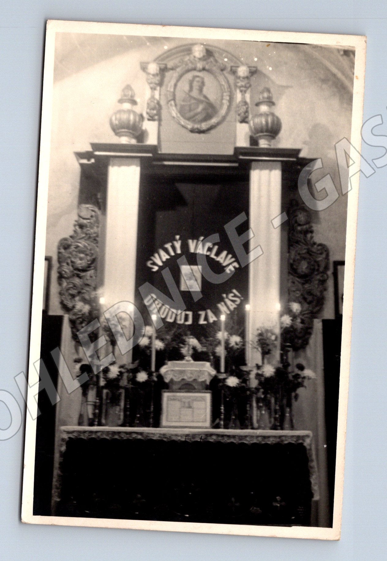 Pohlednice svatý Václav oroduj za nás oltář černobílá do 1950 (M13308)