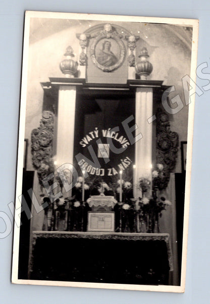 Pohlednice svatý Václav oroduj za nás oltář černobílá do 1950 (M13308)
