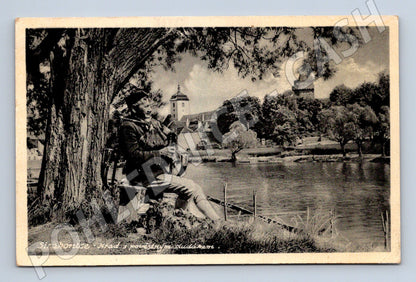 Pohlednice Strakonice hrad a dudák 1947 (M13335)