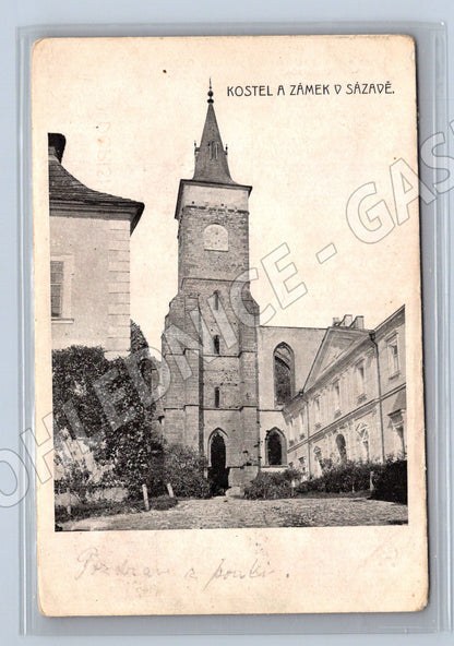 Pohlednice Sázava kostel a zámek 1911 (M13347)