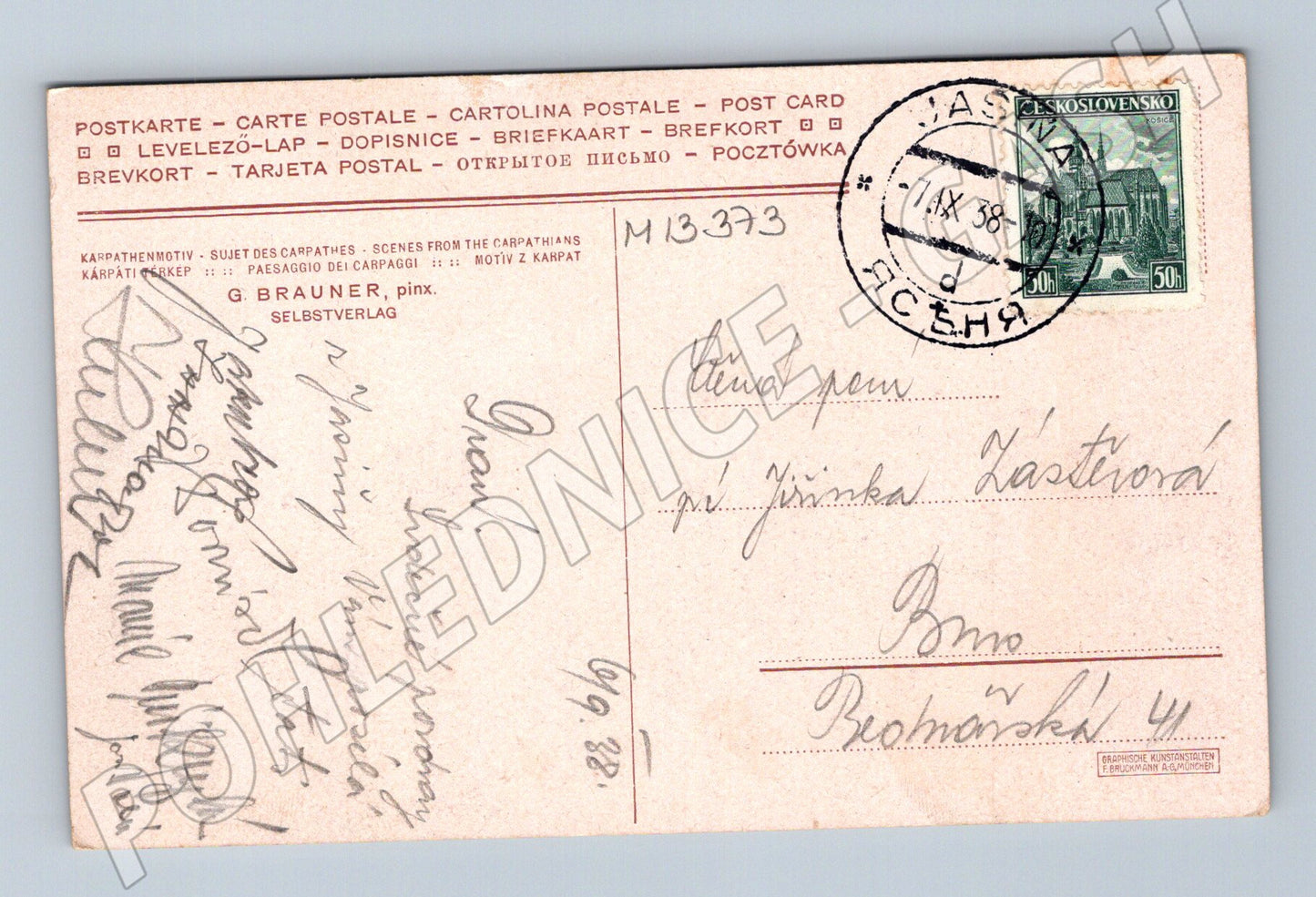 Pohlednice Karpaty tradiční vesnice G. Brauner 1938 (M13373)