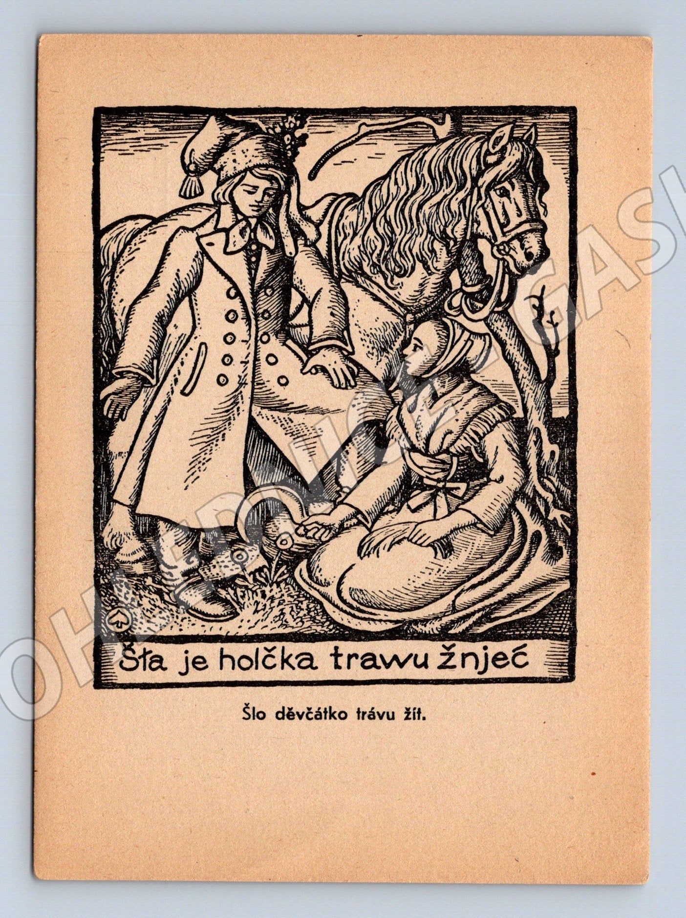 Pohlednice Šta je holčka travu žnjec dřevoryt (M13472)